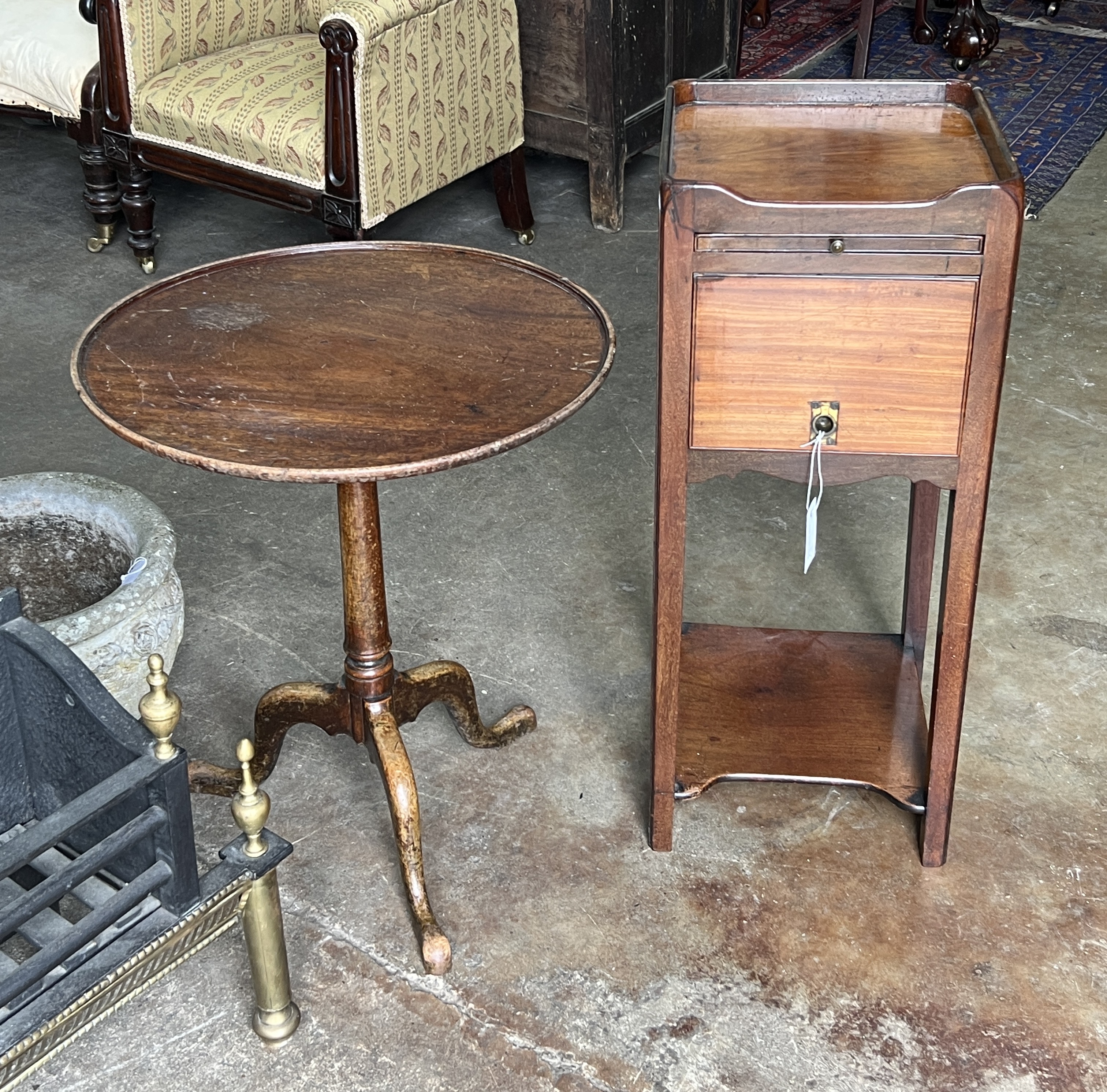 A George III mahogany tray top bedside cupboard, width 33cm, depth 33cm, height 81cm together with a 19th century circular tilt top wine table